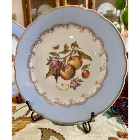 Limoges Other - Set of 4 Vintage Limoges France Fruit Dessert Plates, Blue Gold Gilt Scroll 7.5"